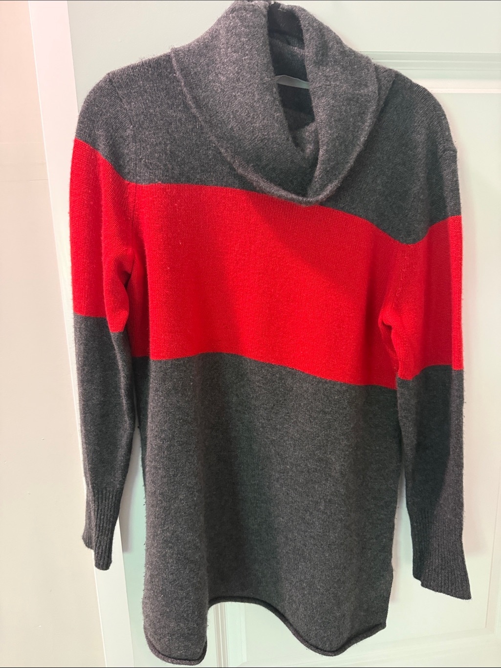 Athleta Cashmere Blend Tunic - Charcoal Gray & Red Cowl Neck Sweater